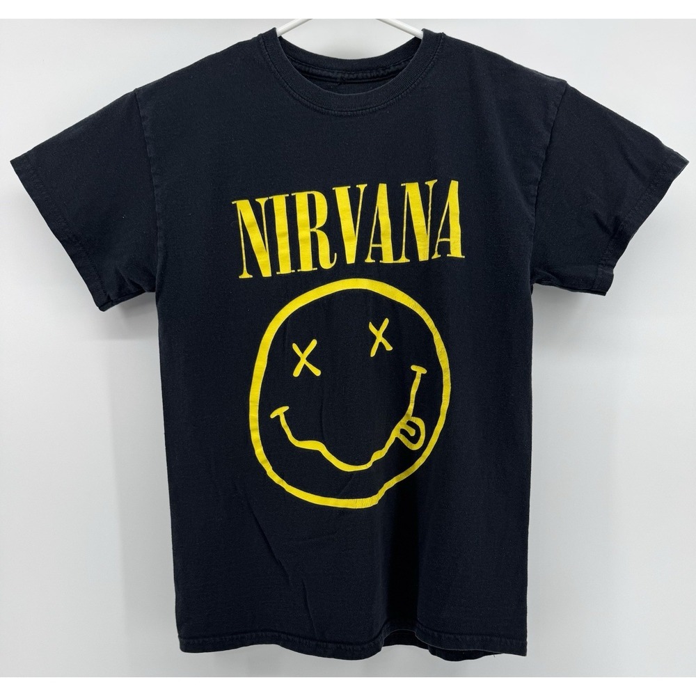 Nirvana Smiley Face Graphic T-Shirt Black And Yellow Size Small Unisex Band Tee